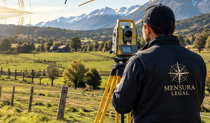Topógrafo realizando una medición en un terreno rural con cordillera al fondo